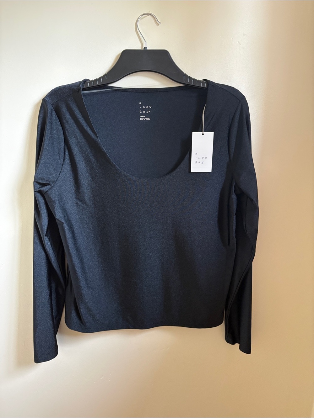 NWT a new day Large Black stretchy Scoop-Neck Long Sleeve Top,